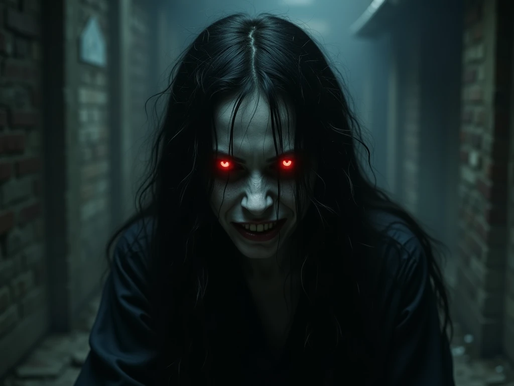 a terrifying mental image of a female figure of pure evil, immersed in a hideous, hellish environment, appearance with grotesque features and sinister deformities that evoke instant horror, glowing eyes, contorted skin, dark attire that exude an evil aura, environment around as a hellscape, distorted shadows, agonizing, obscure, terrifying nightmare, capturing all of the viewer's senses and leaving a lasting impression of horror, evil female figure in a obscure place coming from hell, nightmare, fiend, demonic presence