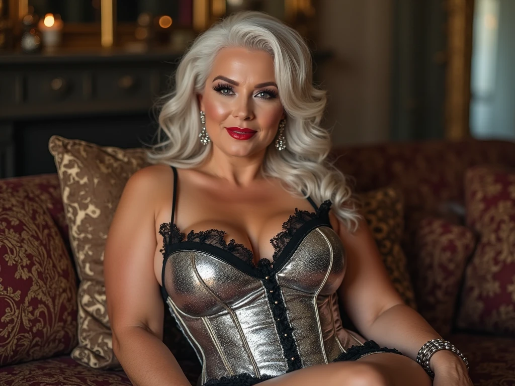 Very beautiful tanned 55 year old woman ,55 jahre alt ,faltiges gesicht,faltige haut, Jahre alt, Lippen, Verführerisches Make-up, pouty Lippen, Tragen einer modischen, teuren Brille, elegante Fetisch-Erotik-Rot-Schwarz-Dessous von einem teuren Modelabel, She wears an exciting fur coat over it, graublondes Haar, aufwendig zu einem Dutt geflochten, thin transparent lace satin with satin suspenders, Kerzenlicht, fotorealistisch, verschwitzt, Erotic atmosphere, Dating,verschiedene Kamerapositionen, filmisch ,beautiful, detaillierte, komplizierte, beautiful body, Very hot sex lingerie, Over-the-knee boots and over-sleeve gloves ,sie ist sehr reich und zeigt es auch.Everywhere there are expensive items made of gold and set with jewels and precious stones,nsfw