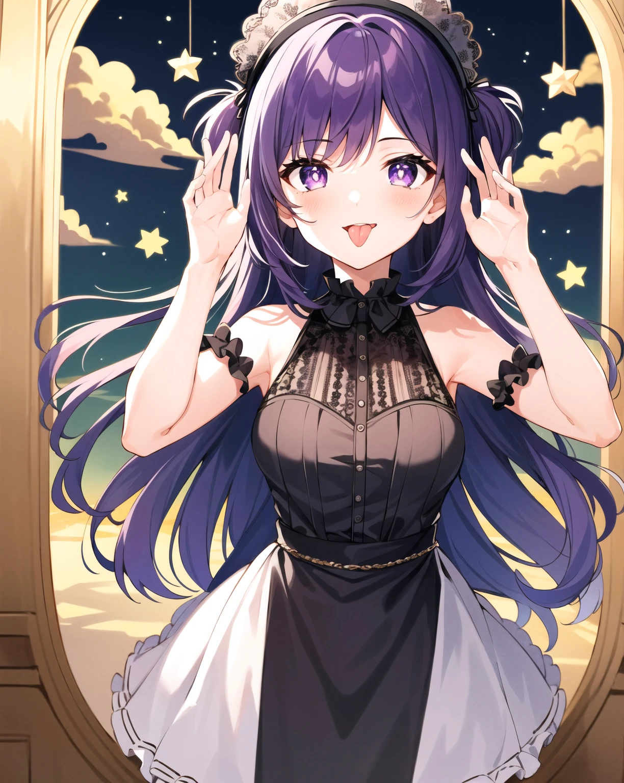 1girl, MinaiAruma,
blush, highly detailed eyes, big smile, doyagao,
black dress, formal, (evening gown:1.2), hair ornament, (gold (jewelry, necklace:0.7)), (green crystal earrings:0.8),
public, outdoors, (surrounded by people:0.7), looking at viewer, head tilt, cowboy shot, banquet, dutch angle, three-quarter view,
<lora:MinaiArumaXL_animagine3:1>, masterpiece, newest, absurdres