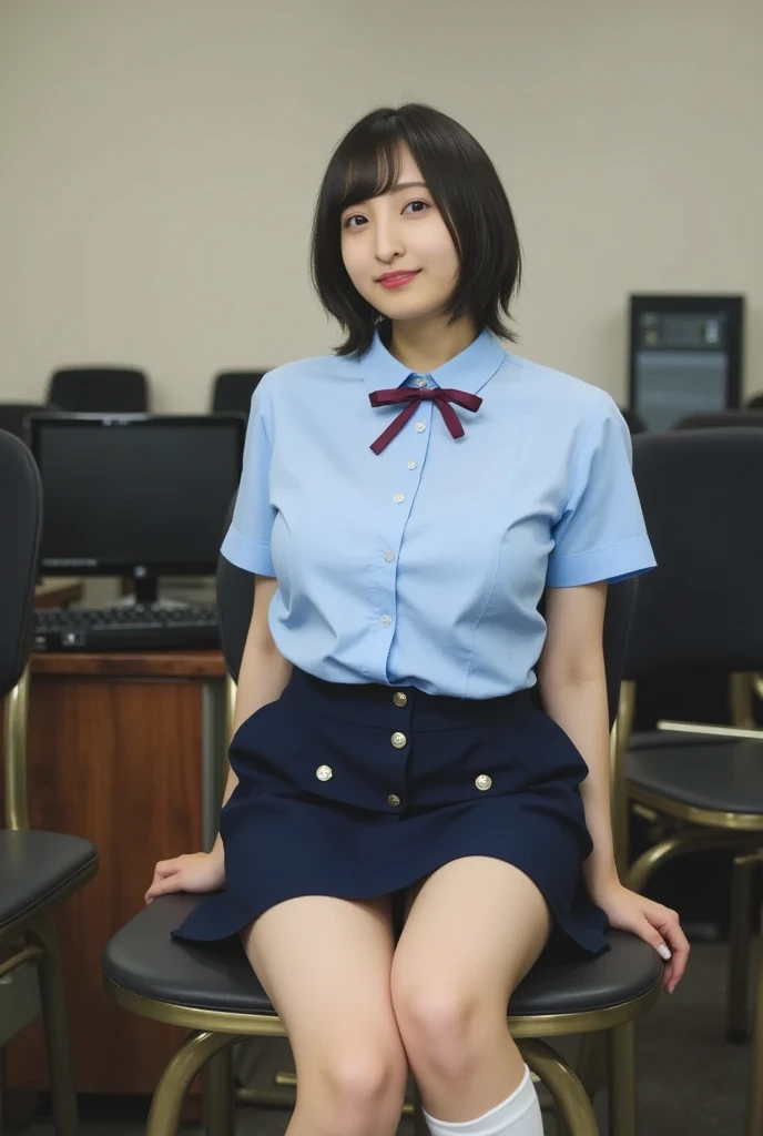 2 girls, office, (standing:1.1), 22-year-old, (Small breasts:1.3),(skinny:1.2),(short sleeve blue sweater:1.2),AKB48,nogizaka46,smile,beautiful girl,highest quality,High resolution,be familiar with,perfect anatomy,beautiful and fine eyes,office Chair,office Desk,laptop,bob cut,(smile:1.2),(open legs:1.3),(fullnude:1.8),(show pussy:1.6),(cowboyshot:1.2),