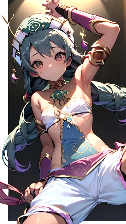 1girl, Angle from below:1.8, (((close up crotch:1.2))), The girl bends forward to show off her breasts、legs apart, (Blade), (Tanned shiny black skin:1.6)、Glowing Eyes, ((Sexy evil grin)), (10 years old girl), blondes、Twin tails、forehead、Small breasts, hat, ((((arabian clothes, see-through)), (microphone headband), (Areola Slip), small breasts, (jewelry)))、desert, ((sahara))、((Arabian Dance))、(手を頭の後ろで組む)、arm pit, covered nipples, thighs, ((handjob)), 1boy, penis, ((eject cum)),