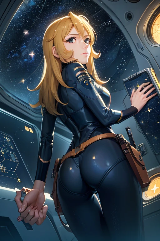 (masterpiece, best quality:1.2), (cowboy shooting:1.1), alone, 1 girl, Yuki Mori, faint smile, Keep your mouth shut, side view, looking at the audience, blonde hair, long hair, thigh gap, jumpsuit, skin-tight, Perfect body, large windows, (Starship portholes:1.3), (spread legs:1.3), (permanent:1.1), thigh gap, sensual gesture, side view, perfect hands, bright starship interior, (Outer space landscape:1.1), (Track view:1.3), (night, old sky:1.5), Milky Way