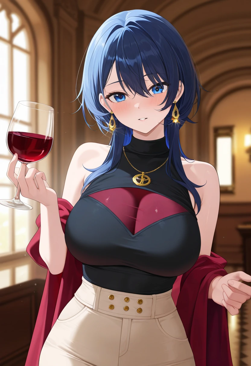 Close-up, fantasy world, mead hall, mature, tall adult woman, Cheerful and happy expression, carefree appearance, long black hair with curled ends, sapphire blue eyes, medieval outfit, classic black dress, black cloth clothes, holding a glass mug full of alcohol, looking at the viewer, alone