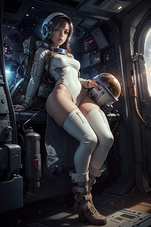 18 years old American girl, ((full body)), (()), ((heavily armored space commander)), beautiful chest, standing with her legs spread apart in the space ship in deep space far from the galaxy, no planet and no moon around there, fighting the huge alien space ship, milky way outside of the ship, zoom in from below