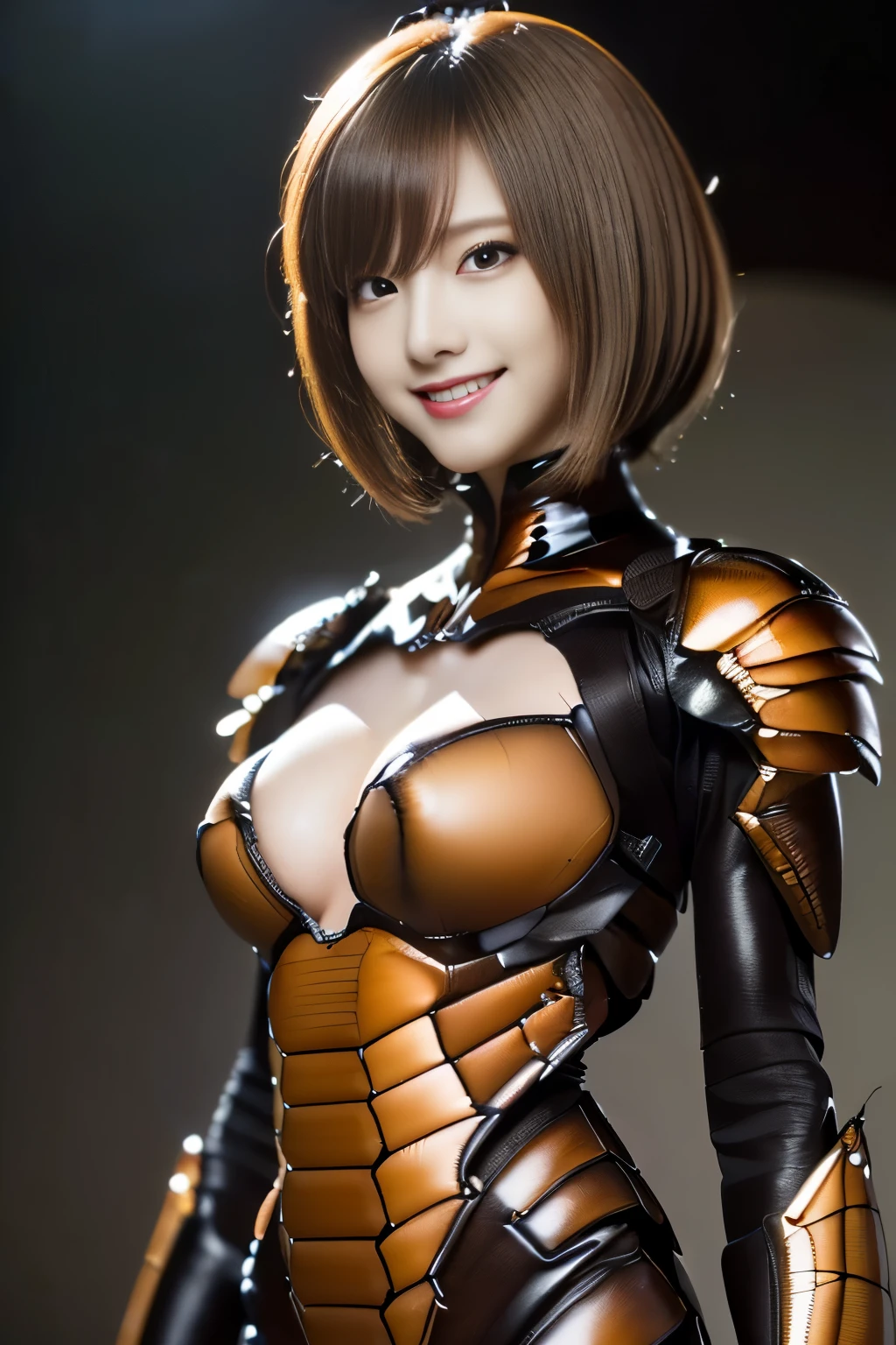 (high resolution,masterpiece,best quality,extremely detailed CG, anime, official art:1.4), realistic, photo, amazing fine details, all intricate, gloss and shiny,awesome many layers, 8k wall paper, 3d, sketch, kawaii, illustration,( solo:1.4), perfect female proportion,villainess, (fusion of dark brown cockroach and lady:1.4), (brown cockroach form lady:1.2), (brown cockroach lady:1.2), (fusion:1.2), (solo:1.4), (evil smile:1.2), muscular, abs, (cockroach brown exoskeleton bio insect suit:1.4), (cockroach brown exoskeleton bio insect armor:1.2), (brown transparency cockroach wing:1.4), (brown cockroach antennae:1.3),