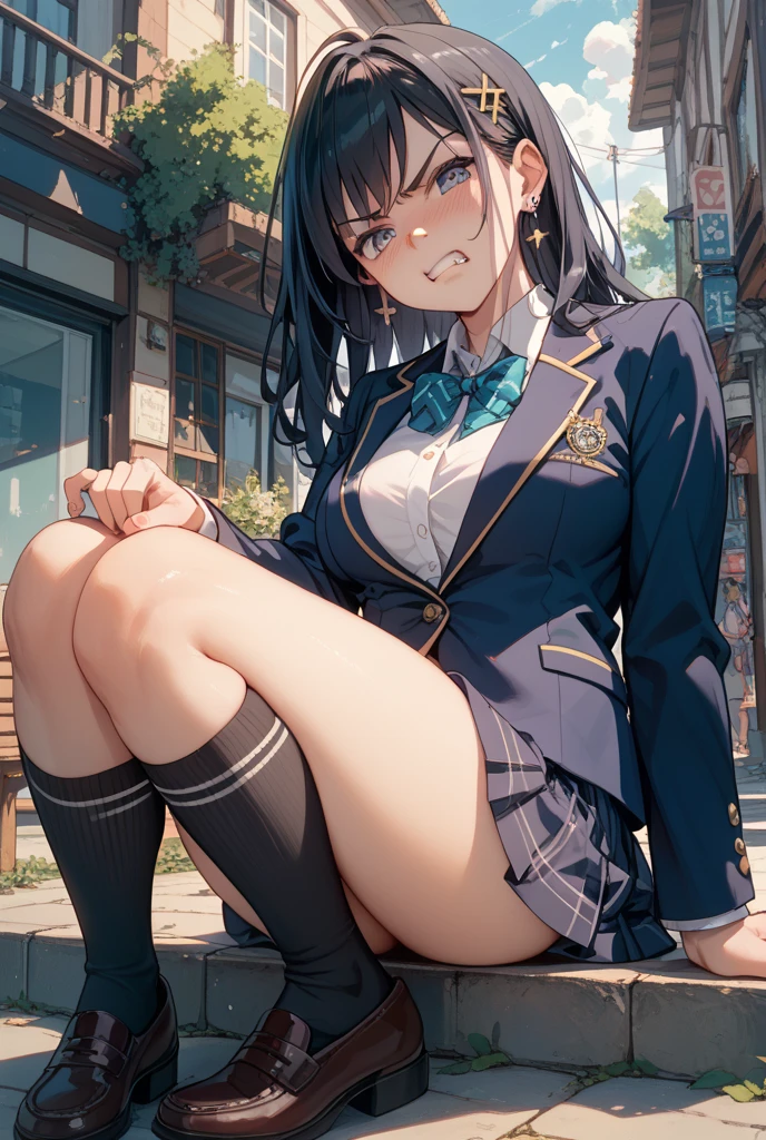 (Masterpiece:1.2), (high quality), (pixiv:1.4), (anime:1.4), wearing underwear, panties, loose socks, black hair, buttocks, brown eyes, blue skirt, solo, blazer type , panties, loose socks, black hair, lifting clothes, brown eyes, blue skirt, pure gaze, miniskirt, herself lift, plaid skirt, kawaii, blush, ((heart-shaped pupils)), (sweat), Long hair, Physical education sitting, beauty legs, Schools