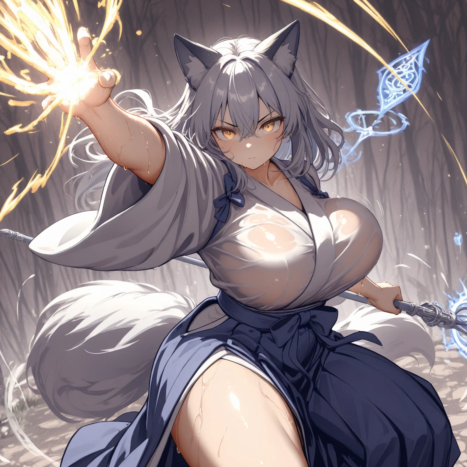 cover page, highres, top quality, best quality, paid reward available, unparalleled masterpiece, perfect artwork, absurdres, High-quality illustrations, super high resolution, detailed background, shuimobysim, perfect anatomy (furry, anthro, kemono, solo focus, Japanese kimono, ninja, samurai, sword with blue flames, battle duels),