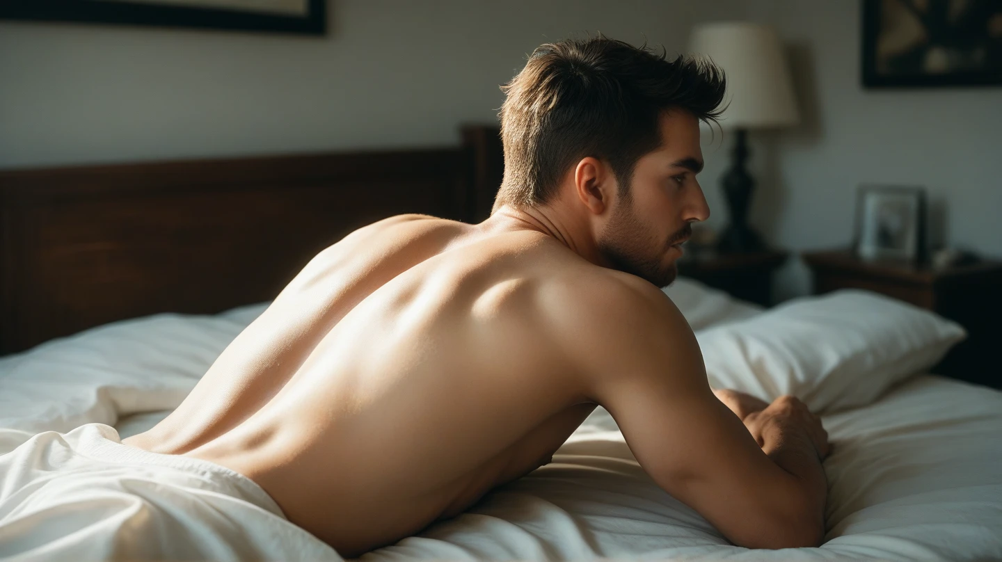 Man crying against the background of a naked couple on the bed 