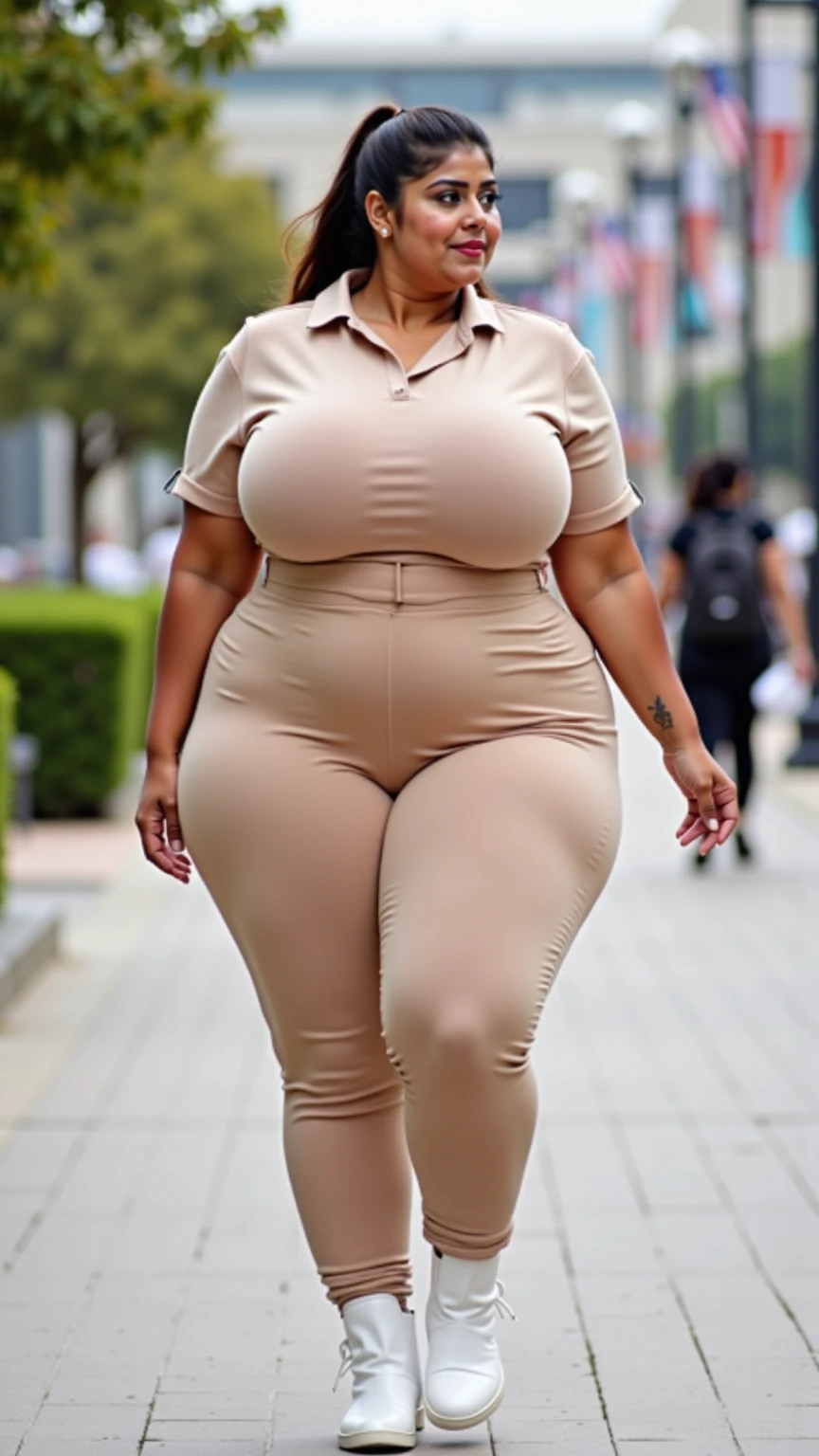 Arabic Woman in street, curvy body, very detail ,wide hips, loong legs ,thick high, full body in camera, wearing strap wedges, cropped knitted sweater,baggy pants, big
