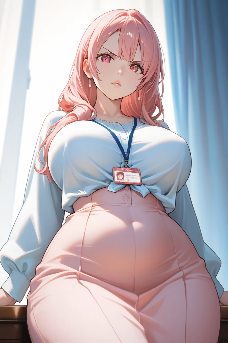 Full body girl, pregnant, cum on thighs, huge belly, cum on belly, huge breasts, cum on breasts, ejaculating on her belly, cumshot, yellow eyes, glasses, shy, tsundere, embarrassed, pout, long hair, side ponytail, pink hair, visible belly, no bra, black panties, high heels, office uniform, best quality