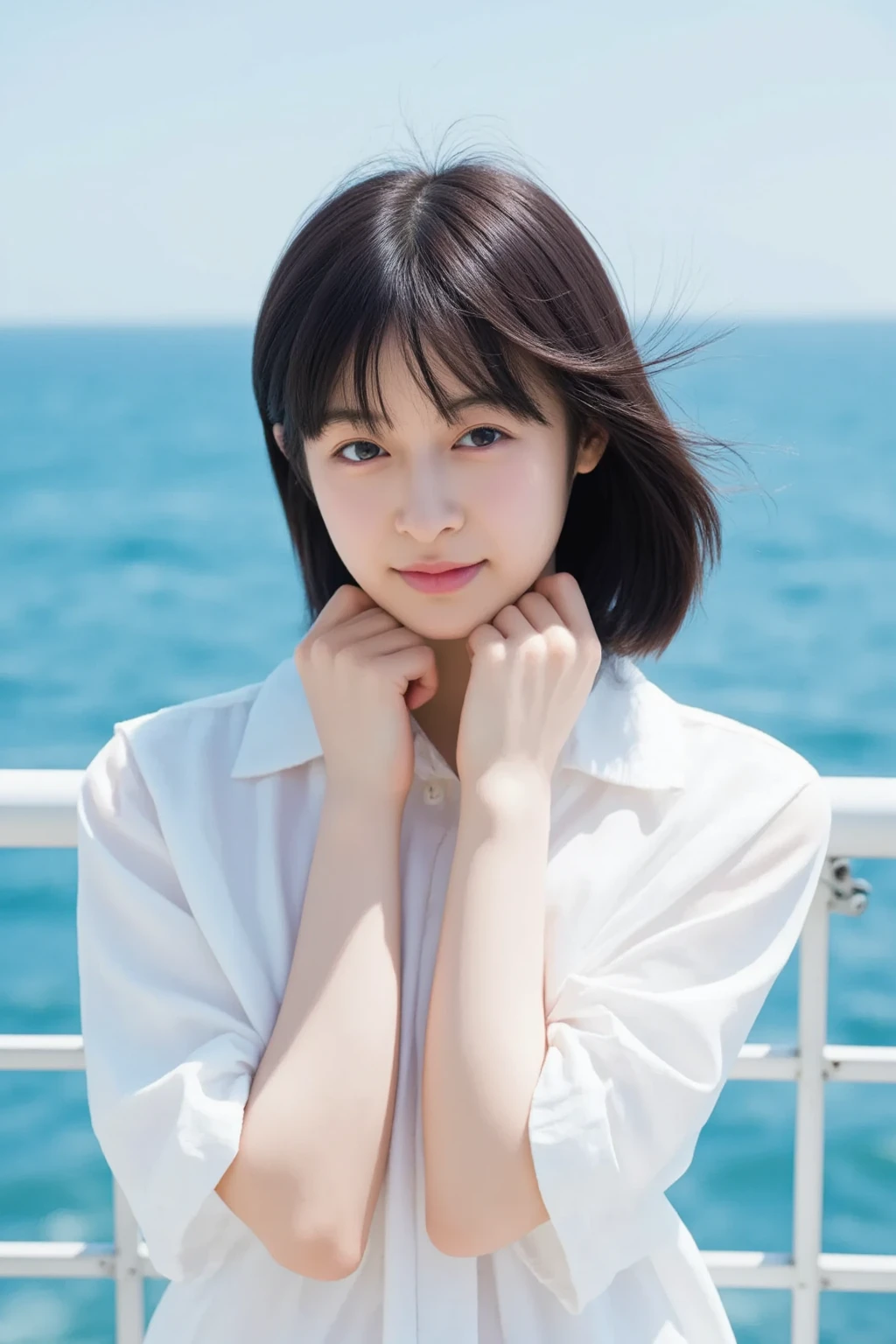 (highest quality,masterpiece:1.3,Ultra-high resolution),(Very detailed,Caustics,8k),(Realistic:1.4,RAW shooting),[roller:Shiita Keai:0.5],Japanese,28 years old,cute,(I'm looking at the camera with a smile on my face),(Black hair fluttering in the wind:1.1),short hair,Natural Makeup,(big ),White blouse,(Bust up shot),The sea shines as it reflects the sunlight.,Warm Light,Natural light,Professional Writing