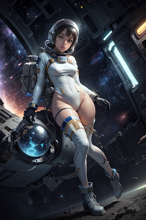 18 years old Italian woman, ((full body)), ((nude)), ((heavily armored space commander)), beautiful chest, standing with her legs spread apart in the space ship in deep space far from the galaxy, no planet and no moon around there, fighting the huge alien space ship, milky way outside of the ship, zoom in from below