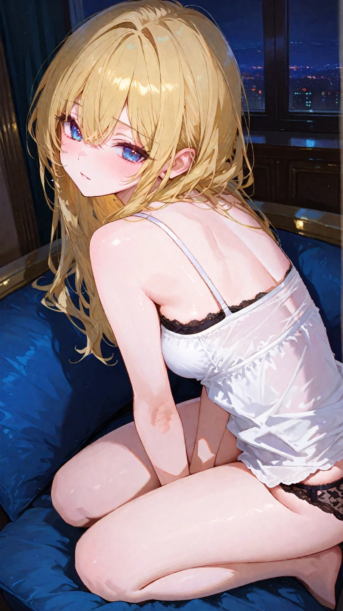 covering_own_eyes,nsfw,Ohtsuki Yui,long hair,blonde hair,Covering face,raise arm, underwear, solo, breasts, bra, shirt, panties, sitting, wariza, navel, hair ornament, black bra, black panties, white shirt,blush,hairclip, on bed, looking at viewer, collarbone,open shirt, open clothes, covering face, barefoot, long sleeves, pillow, indoors, condom, medium breasts, cleavage, condom wrapper, blurry, bed, phone, thighs, stomach,hand_over_eye