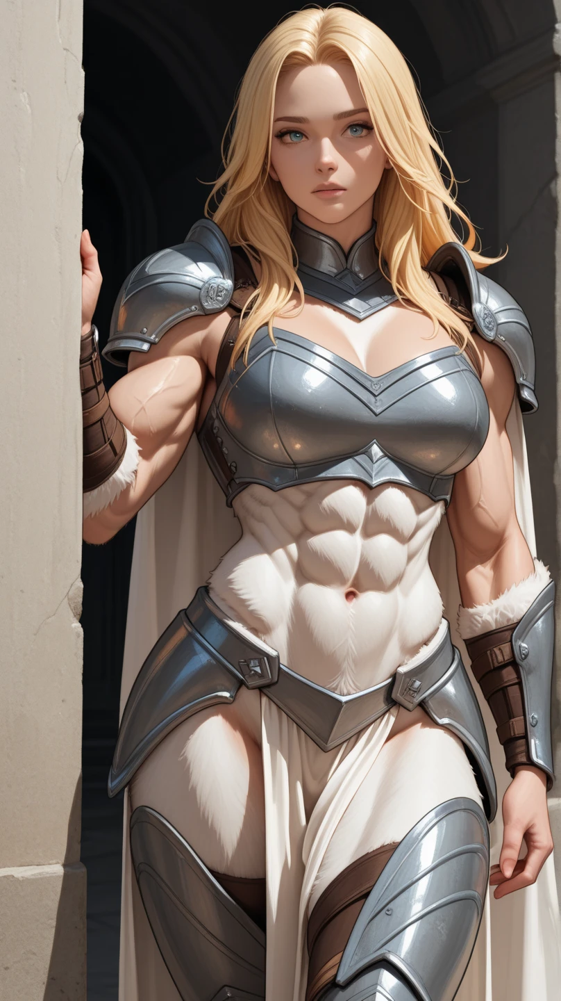 (Muscular:1.9), (thick thighs:1.4), (large round breasts:1.2), (muscular chest and shoulders:1.5), (large muscular chest and shoulders:1.4), FEMALE, white hair, long white hair, (big smile:0.5), (wearing cute tight silver knight armor:1.6), looking at viewer, (three quarter view:1.3), upper body view, (dark forest at night:1.56), dark lighting, detailed skin, detailed eyes, (dark skin:1.3), (very thin waist:1.6), (huge body muscles:1.8), (one protagonist:1.5),