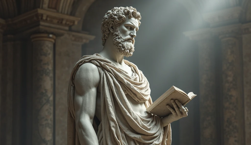 Classic Greek philosopher statue, male, wearing toga, standing, reading book in one hand, half-turned, full-length photo, hyper realistic