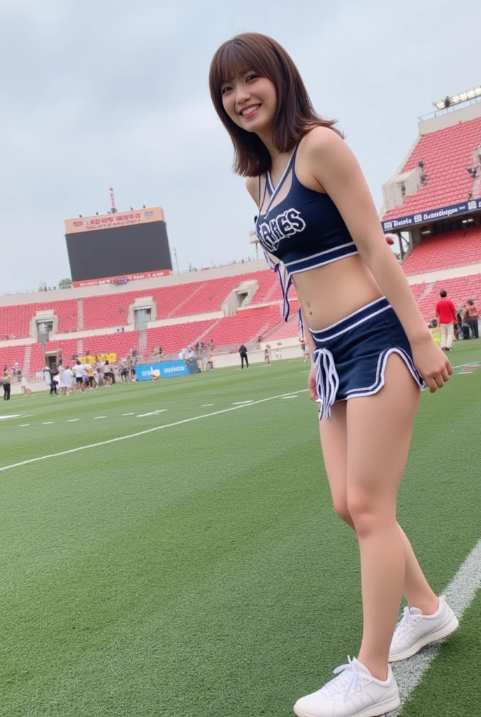 ((Highest quality、8k、Like the picture:1.4、masterpiece))、Backlight、Woman with highly detailed facial texture、 Big Breasts, Accentuate your cleavage, Cute Japanese Woman、18-year-old、(((Cheerleader:1.2)))、((Stadium Background:1.2))、Raise your arms、((Camera angle from below:1.3))、Ultra-detailed skin、Beautiful Makeup、Detailed eyes、((Big smile:1.3))、Open your mouth、(Big and round breasts)Shiny brown messy short hairstyle、Sculptural installation、((Raise both legs:1.3))、((Spread your legs:1.3)), ((Spreading pussy:1.2)),