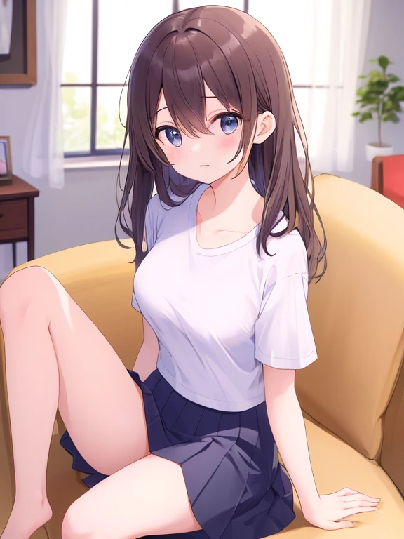 (Masterpiece, top quality, high resolution, realistic photo, realistic looking skin:1.1),
(The woman is sitting, crouching, or lying on a bed in her bedroom, showing her panties to us:1.8), 
(Her skirt is short and her panties are visible: 1.8),
(She should have a happy smiling expression:1.5),
(She is wearing a white sleeveless turtleneck knit: 1.8),
(She is wearing a gray box pleated skirt:1.8),
(She is wearing white loose socks: 1.8),
(Her panties are white with a pattern: 1.5),
(She has medium brown hair: 1.8),
(She has relatively large breasts: 1.5),
(She is the most popular beauty in her grade: 1.5),
(Located on the bed in the bedroom: 1.5),
1 Japanese girl, solo, full bodied esbian, beautiful eyes, shining eyes, shining thighs, NSFW