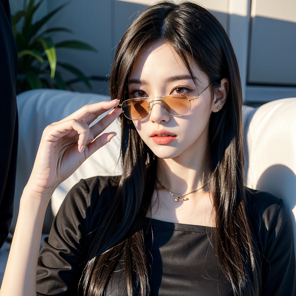 20 year old woman having light green eyes being coered by round sunglasses wearing a fancy black dress having a long wavy blacl hair with violet highlights a piercing on her left ear