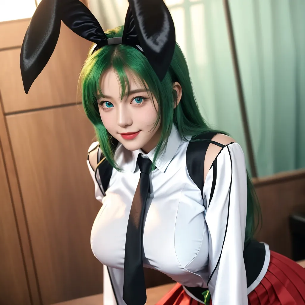 highest quality masterpiece 8K Ultra-detailed Face Beautiful woman with yellow-green hair Black bunny girl costume High leg Black bow tie Selfie Mirror photo Reflected in the mirror Nipples exposed Beautiful nipples