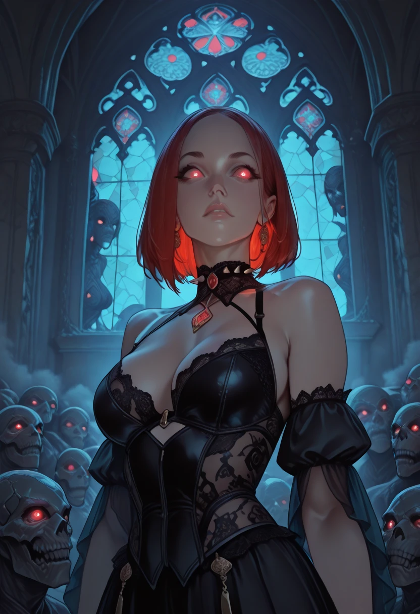 (best quality), (masterpiece), (high resolution), [:intricate details:], (detailed background) a hooded sex vampire woman sitting on a throne with skulls around her, she has red eyes,her outfit has red color, her skin is white like a vampire, dark fantasy art, vampire queen, gothic fantasy art, dark sorceress, abaddon and magali villeneuve, dark fantasy style art, epic fantasy art style hd, evil sorceress, necromancer sorceress, dark fantasy art, beautiful necromancer, (sage aura effect around the throne)