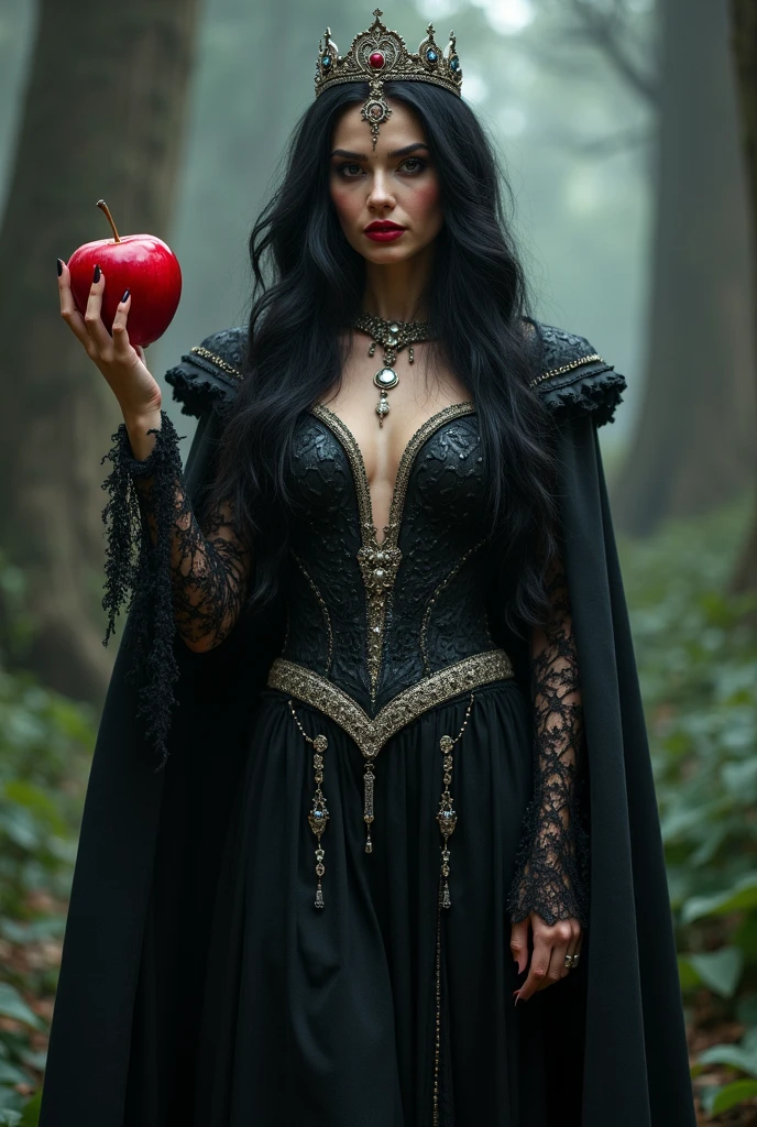 (masterpiece, photorealistic. Uhd) Dutch angle. an ultra hot gorgeous European princess Snow White. Age 24. Long black wavy hair.in a corset dress, pleated skirt, black stockings. expressive green eyes, perfect face, large breast, small waist, perfect figure, highly detailed, showing cleavage, brown eyes, bangs, full body portrait, holding a red apple. in the misty woods,((walking surrounded by giant black panthers ))