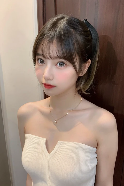 (((eyeをそらす,ponytail、The mouth teaches))),(((((Black Chinese Dress))))),(、Tabletop, One Girl, highest quality, Super detailed, (Shiny), (small)、(((with blush cheeks,))),Ray Tracing,Perfect lighting, (Milky skin:1.2), yellow_eye, The cutest 28-year-old girl in Japan、small ribbons in the hair、Standing facing forward、The background is the riverside