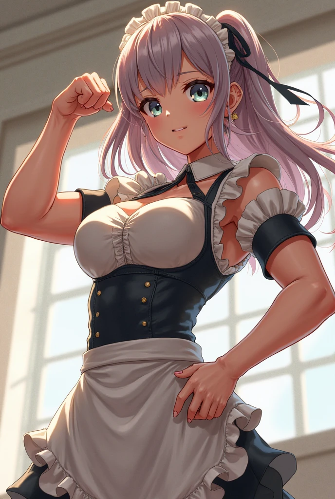 masterpiece, best quality, blonde messy hair, green eyes, headband, maid, kitchen, upper body, strong abs, hands on hips, leather collar choker