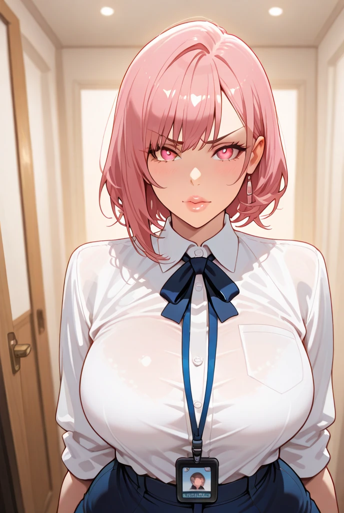 Masterpiece,Highest quality,8k,Ultra-high resolution,appropriate margins,Perfect hands,Perfect Fingers,Perfect human body,((Cowboy Shot)),BREAK,Bright expression,(1 person),(The most beautiful mature women),Slim body,((Big Breasts)),Moisturized Skin,Fair skin,BREAK,(Pink Hair),short hair,Wolf Cut,Thin eyebrows,BREAK,Black eyes,Light in the eyes,BREAK,Open your mouth a little,BREAK,((Office Lady,shirt,skirt)),BREAK,A sultry expression