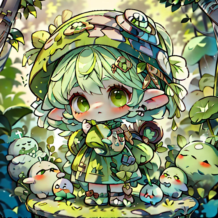 (a small doll with a green triangular hat), cute 3 d render, cute detailed digital art, cute digital art, cute cartoon character, adorable digital painting, cute! c4d, cute character, pop japonisme 3D, (white background), ultra detailed, by Yu Zhiding, 3d model of a japanese mascot, nendoroid 3d, cute forest creature