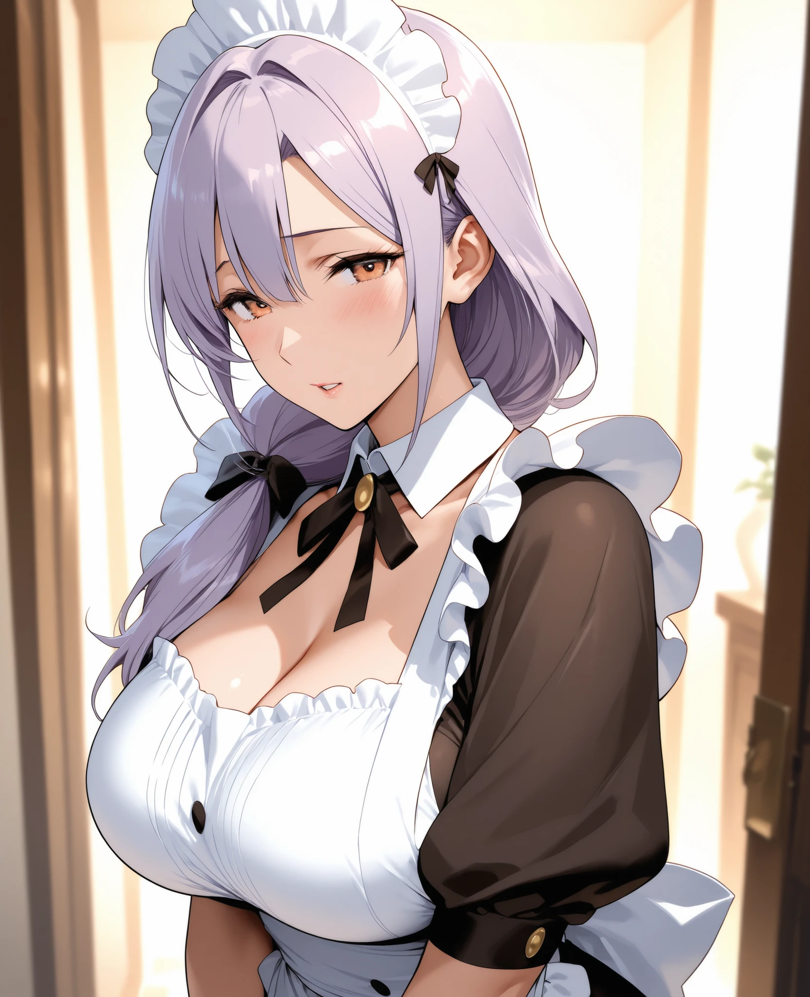 (masterpiece, best quality, ultra-detailed, high resolution, detailed eyes), takeda hiromitsu style, (1woman), (maid), big eyes, curvy body, large breasts, tall, long white hair, looking at viewer, pov, cowboy shot