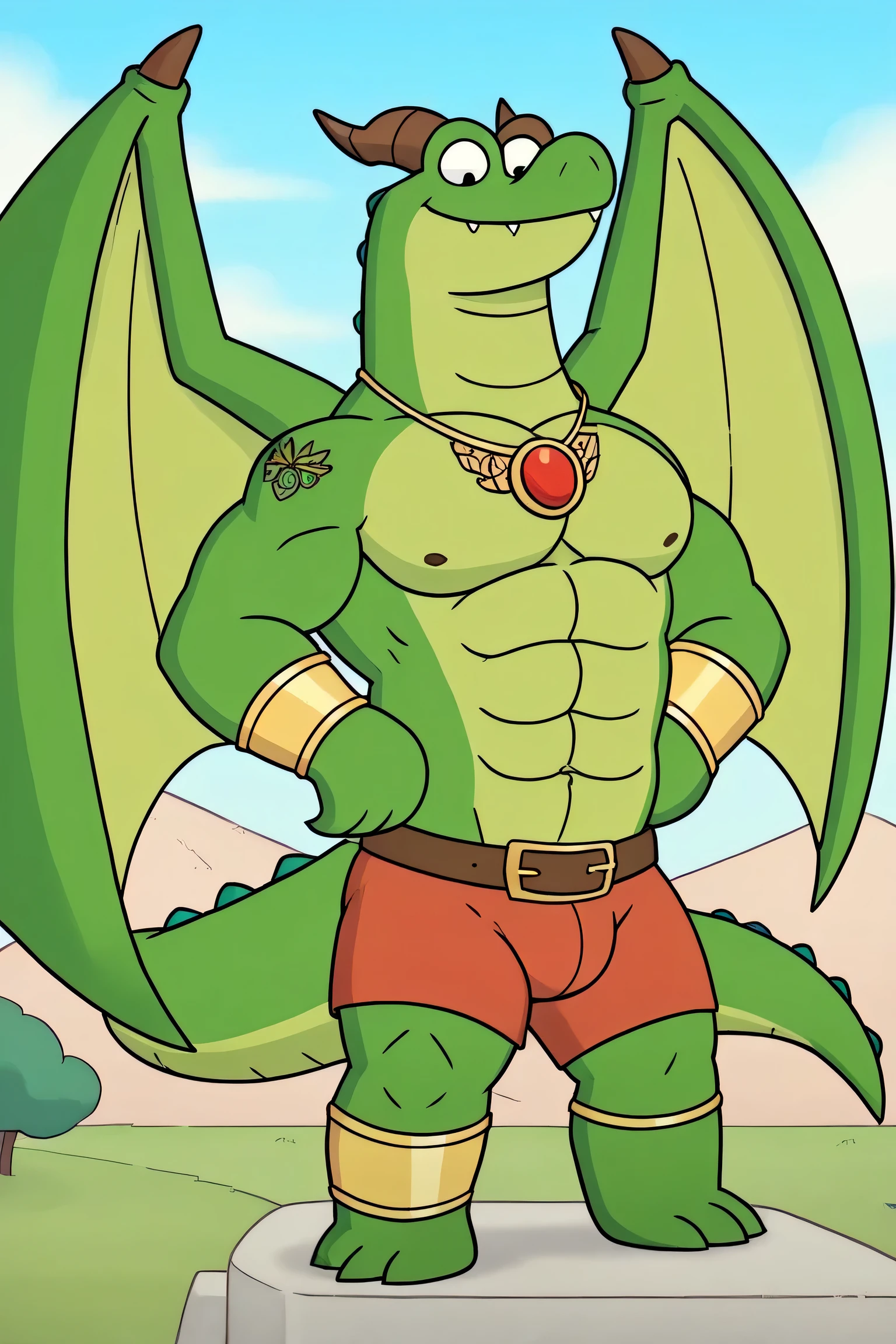 masterpiece, best quality, amazing quality, OrdDTil, semi-anthro, male, giant strong dragon, blue skin, big wings, jewelry, necklace, golden bracelets with colorful jewels, golden armor, belt, red underpants, many scars on his body and his face, tattoos, outside, powerful smile expression, full body, gigantic muscular body, ginomous biceps, enormous pectorals, detailed abs, giant size, macro size, 50-foot size, flexing his powerful muscles pose, bouncing pecs, fairytale fantasy scene, village and a giant castle background, trees, grass, mountains behind, blue sky and clouds background, a green giant beanstalk behind background, jack and the beanstalk story.