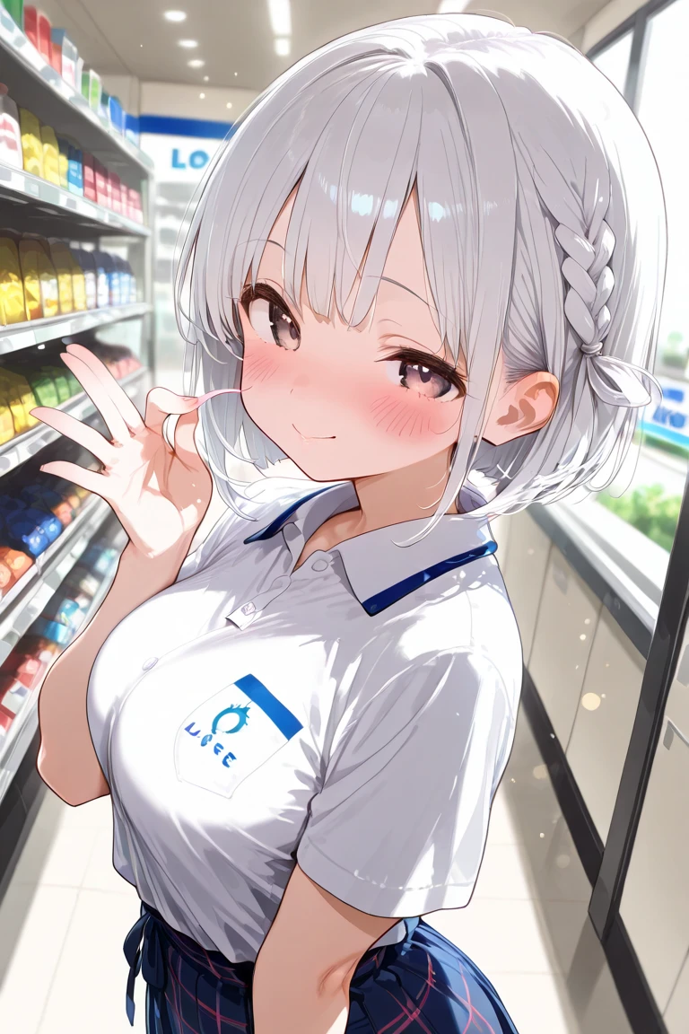 Highest quality、super high quality、16K, Breast size is random、Facial expressions are random、The place is a convenience store、 Hair color is silver hair、The pose is a convenience store cashier、The distance is random、Angles are random、Small face、Very delicate facial expressions、Delicate eye depiction、Highly detailed hair、Erotic、18-year-old female、Glowing Skin、Soft Skin、The only sexy Japanese woman、The clothes are random convenience store clerks、1 female、