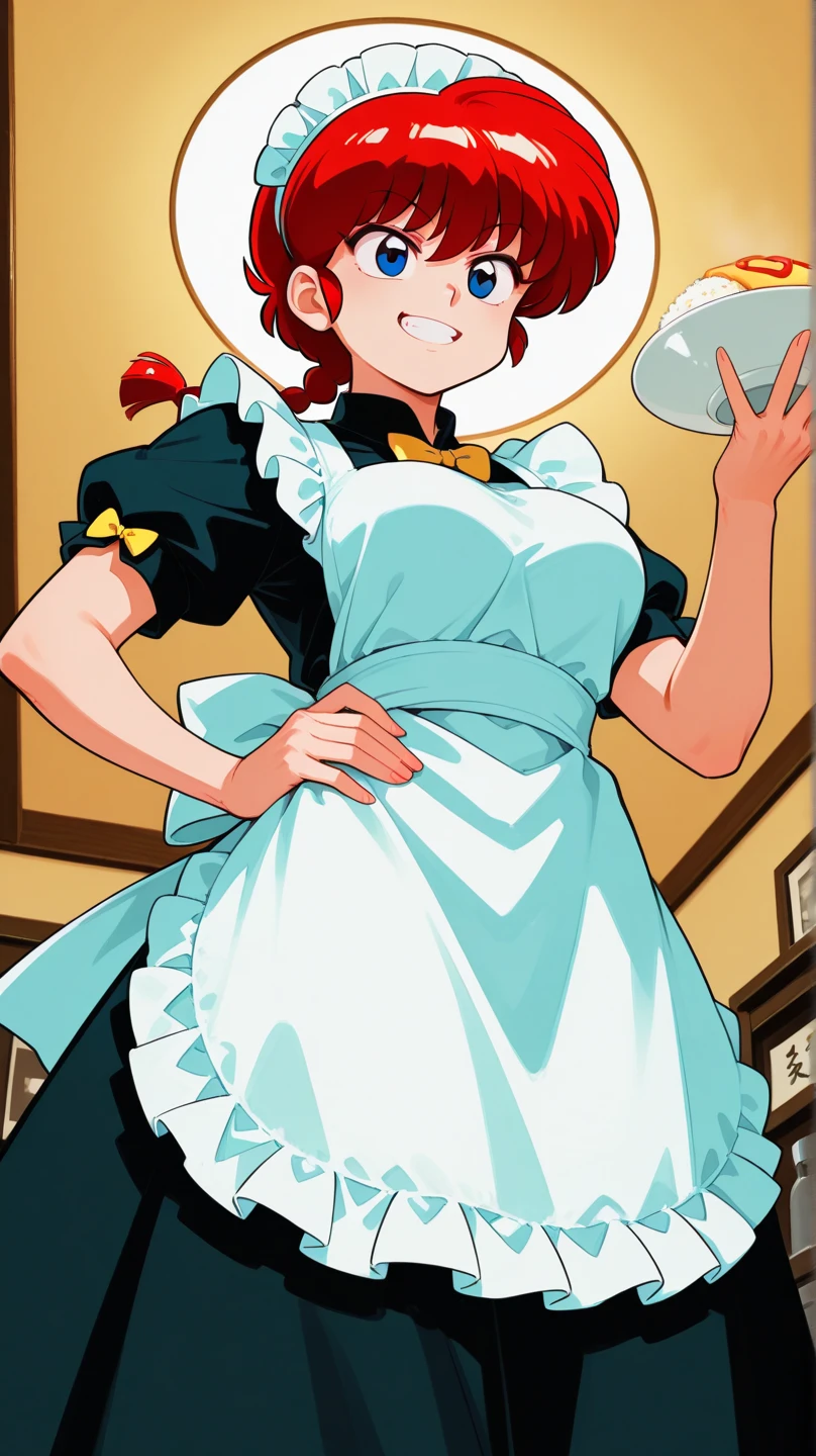 Nami (dress), orange hair, blue eyes, maid, maid apron, skirt with frills, grin, two socks, thighs, tattoo
