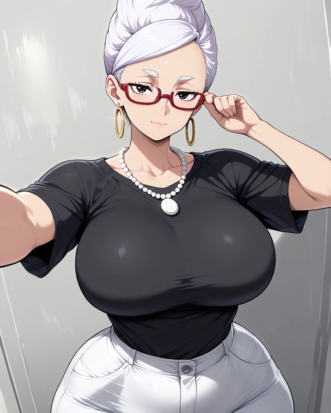 Meiko, 1girl, (((bimbo))), silver hair, ear rings, (((bimbo))), puffy lips, painted lips, thick lips, evil face,, wide hips, thick thighs, huge round ass, enormous huge natural Hitomi Tanaka breasts, hanging breasts, mature woman, purpple bra, purple panties, looking down,