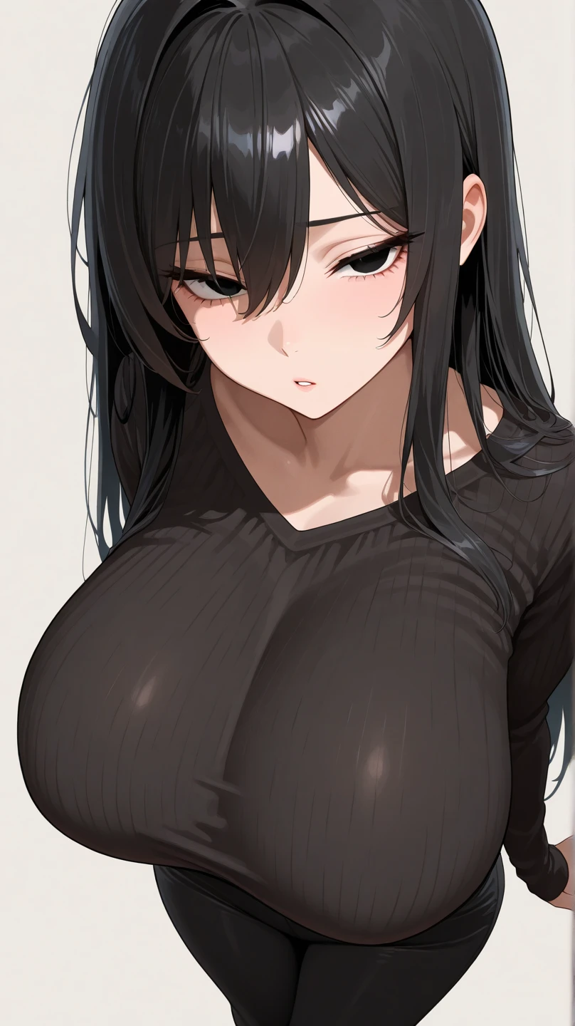 muscular yellow eyes pale skin girl sad cleavage blushing frown sweaty big breasts black hair perfect quality
