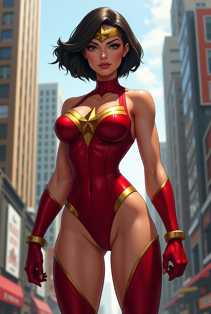 (Masterpiece, 4k resolution, ultra-realistic, very detailed) Mary Marvel (DC comics) full body in the style of realism, glistening skin, , natural lighting, Defined full lips. fitness feminine body. in the style of realism, glistening skin, , natural lighting, Defined full lips. fitness feminine body