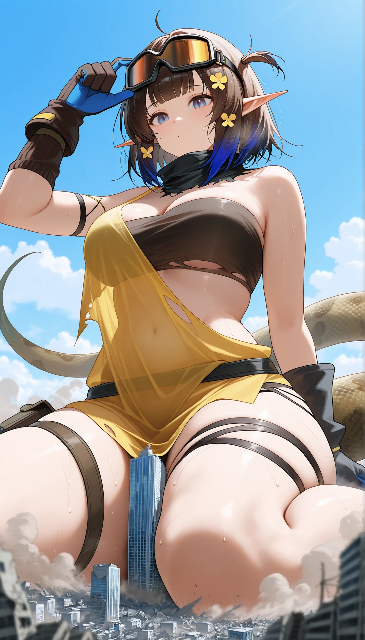 (masterpiece, best quality, high resolution, unity 8k wallpaper, extremely detailed CG:1), (illustration:1.0), 1girl,solo, loveheartms, hat, gloves, thigh boots, skirt, belt, miniskirt, breasts, cleavage, pirate hat, bare shoulders, gloves ,vest <lora:LoveHeartMS:1>