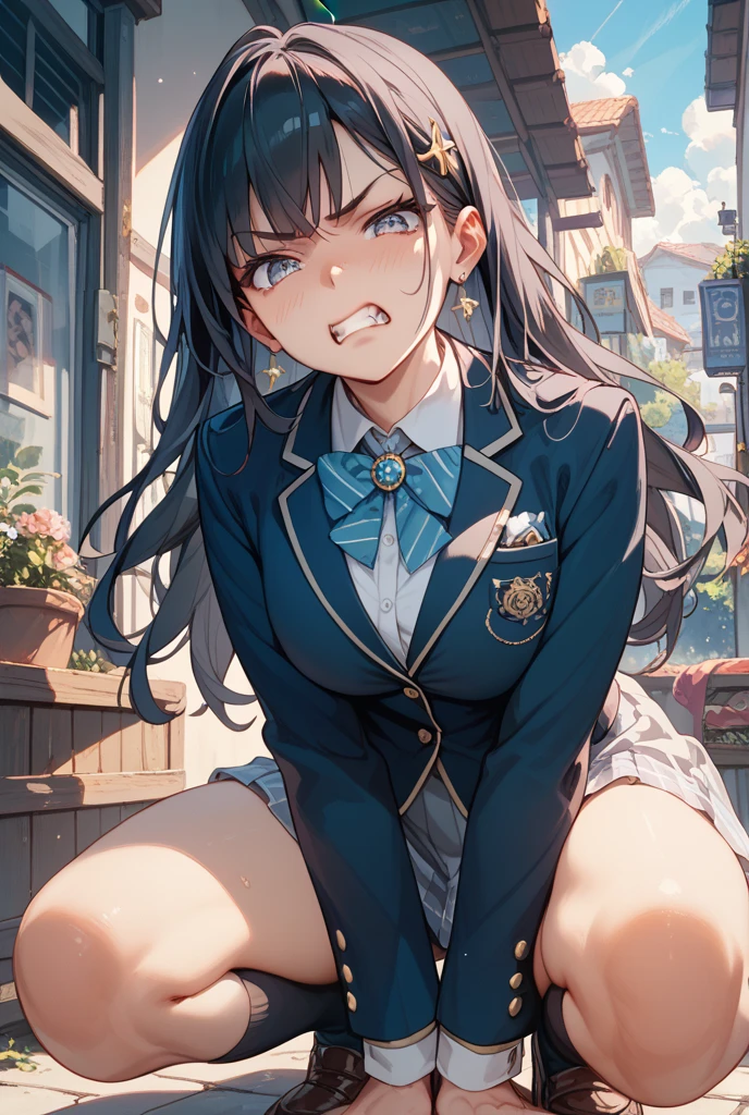 ((Perfect Anatomy:1.3,Realistic:1.3,RAW Photos:1.3,masterpiece、highest quality、Ultra - High resolution、High resolution、Highly detailed CG、8k)),Cowboy Shot．　　　　　　　　　　　　　　　　　　　　　　　　　　　　　　　　　1 female,alone,18-year-old、high school girl，beautiful girl,((Beautiful Eyes:1.2,Big Beautiful Eyes:1.3,)),Platinum Blonde,Long Hair,(Center parted hair:1.4,amount),Small Head:1.3,((Provocative smile))，thin,((Dark brown skin:1.5)),(Oily skin,Glowing Skin,Shiny skin,(school uniform、Dark blue blazer jacket、Checkered pleated mini skirt，White socks，Black Loafers),(Show viewers white panties)，squat.                                                                                                                              The background is a dirty back alley、((dark)),((At night))、Tokyo.