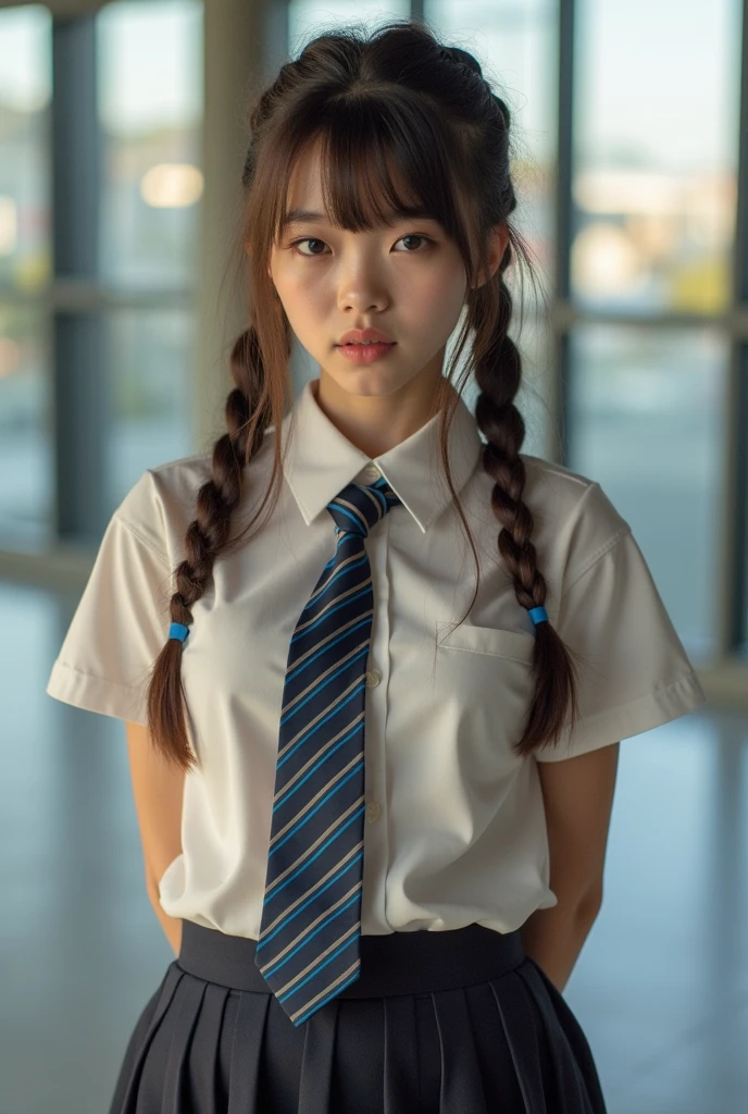 ((highest quality, masterpiece :1.3)), Photorealistic、Ultra-high resolution、Natural skin texture、Hyperrealism、Photograph from the knee up、12 year old beautiful Japanese girl、Twin tail hair、well-shaped breasts、White collared shirt and tie、mini skirt、Frightened expression