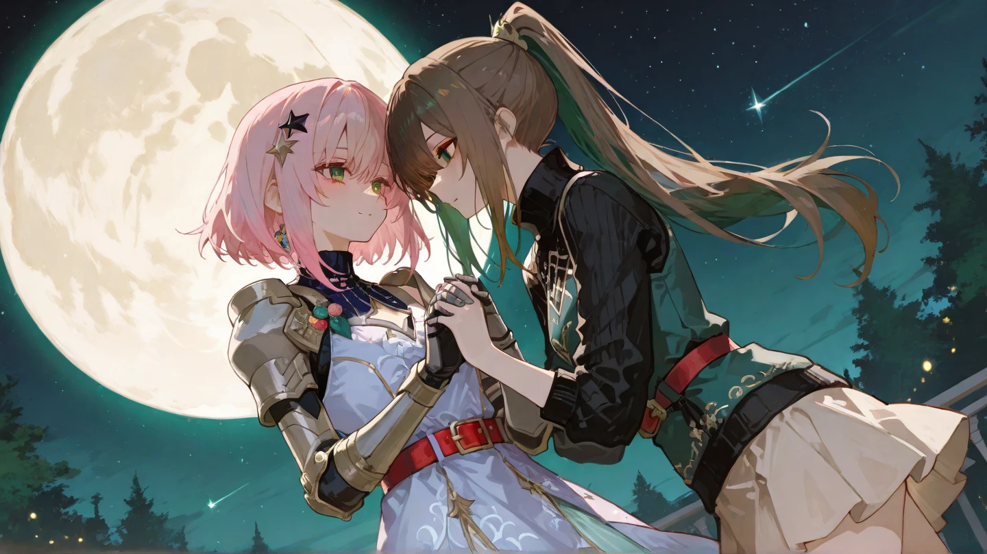A brown haired woman with red eyes with an hourglass figure is hugging a pink haired woman with violet eyes with an hourglass figure