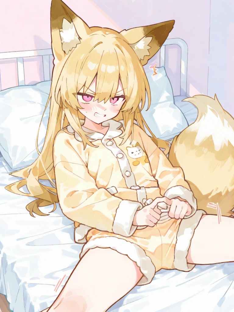 (masterpiece:1.2,high quality),8K,High resolution,An eleven-year-old girl,cute girl,cat ears,blonde hair,long hair,heart ahoge,heart-shaped eyes:1.8,open mouth,laughing,fang out,Sitting on the bed,halo,(Wear a white short-sleeved top),white panties,alone,cat tail,white stockings:1.4,((Hands behind your back))
