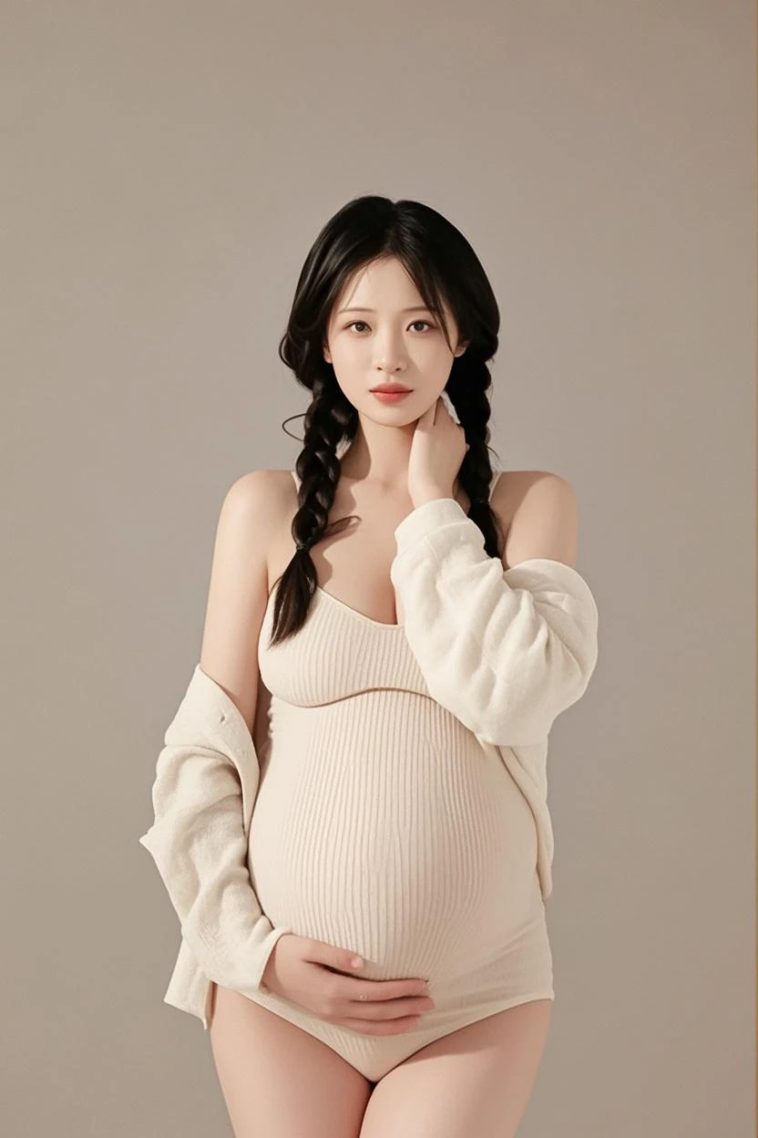 A pregnant woman，pregnant，The belly is very big，10 months pregnant，pretty face，slim body，long hair，Wearing an off-shoulder pink transparent dress。