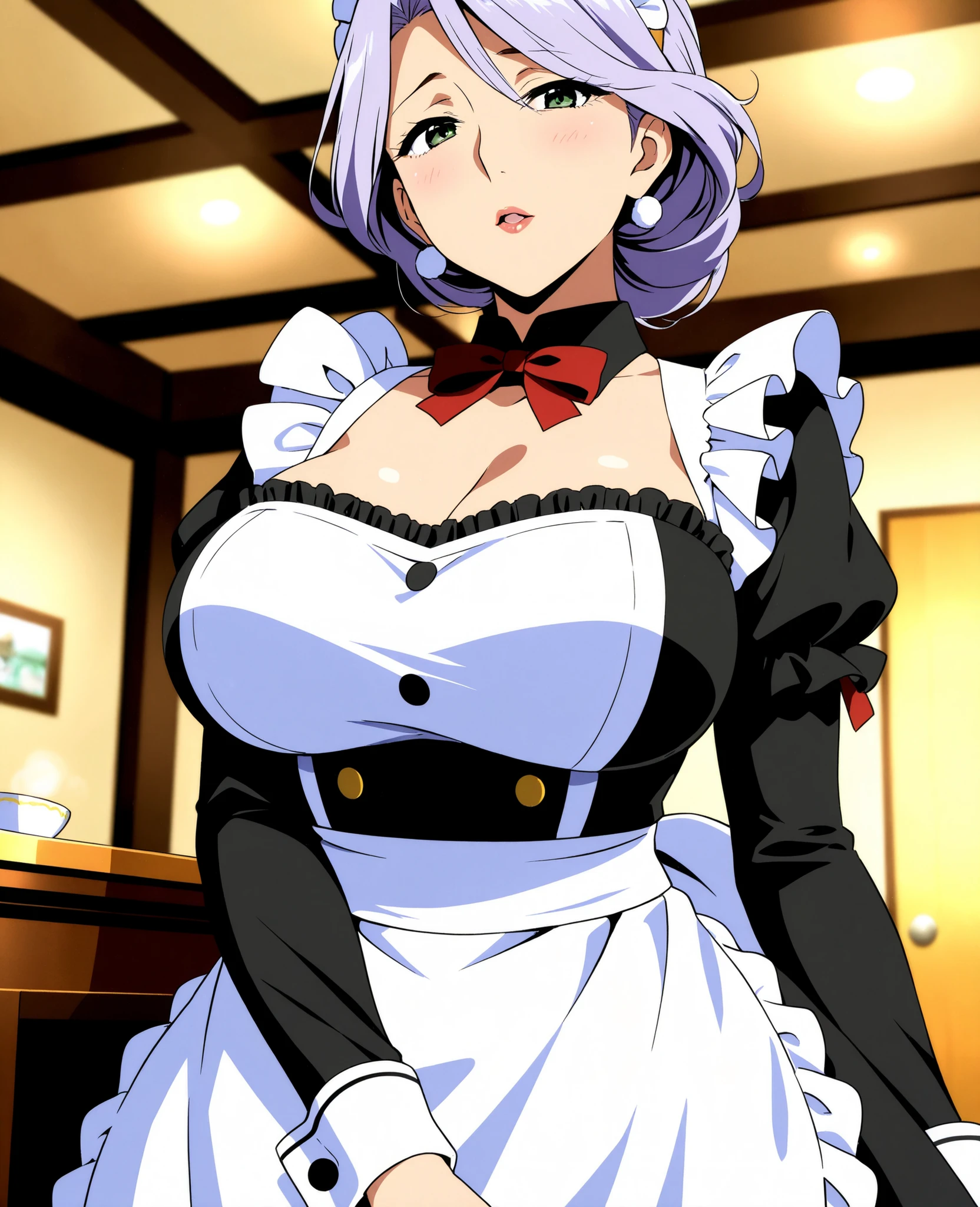  Beautiful woman　mature woman　very big 　big 　Glamour　Maid　cafe　light purple hair　Disgusting expression　Angle just around the mouth　Dynamic Angles