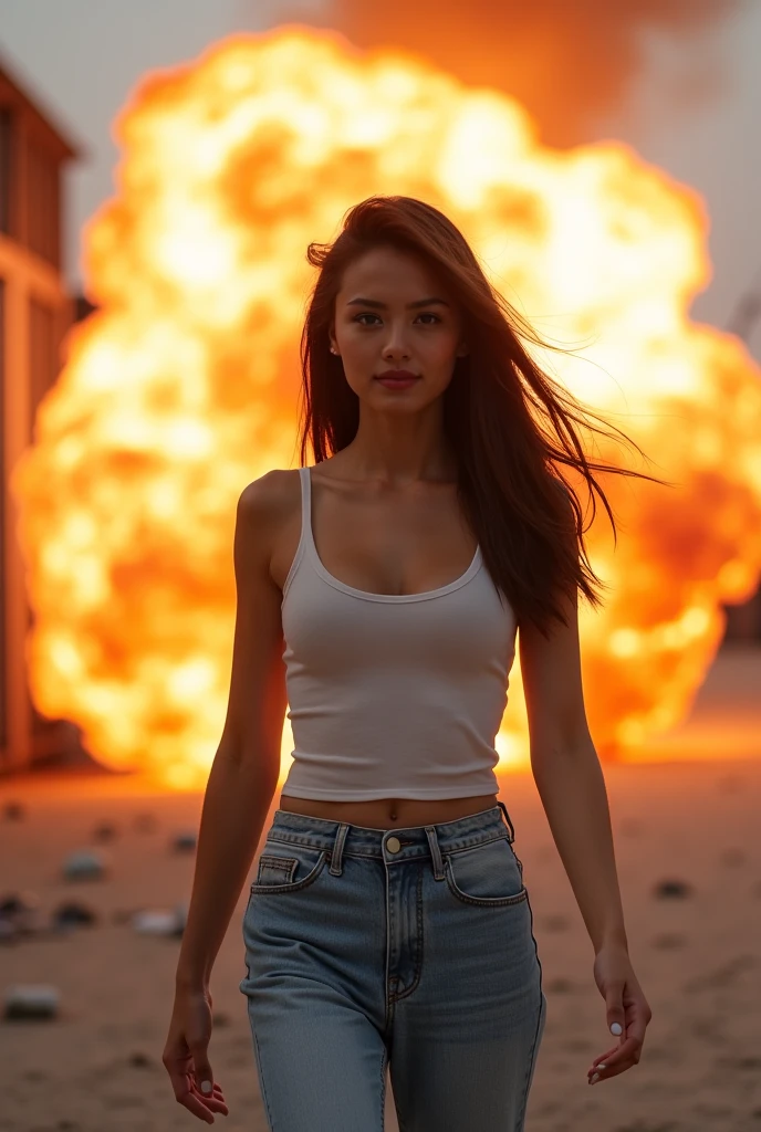 (epic quality, epic detail, RAW photo), A young girl with a cheeky smile looking at the camera. Burning building and firetruck in the background, intricate details, downblouse, extendeddownblouse, hanging breasts, hand in hair, 4K resolution, natural hair, natural skin texture, hyperrealism, hdr <lora:shirtliftv3:1.2> kkw-ph1