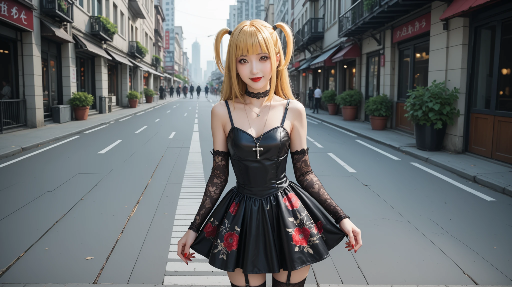 score_9, score_8_up, score_7_up,, misa amane, long hair, bangs, brown eyes, yellow hair, blunt bangs, two side up, red lips, lipstick, smile,thighhighs, dress, jewelry, collarbone, boots, detached sleeves, choker, black dress, sleeveless dress, garter straps, black choker, short dress, floral print, cross, red nails, cross necklace,outdoors, cityscape,looking at viewer, portrait shot, face focus