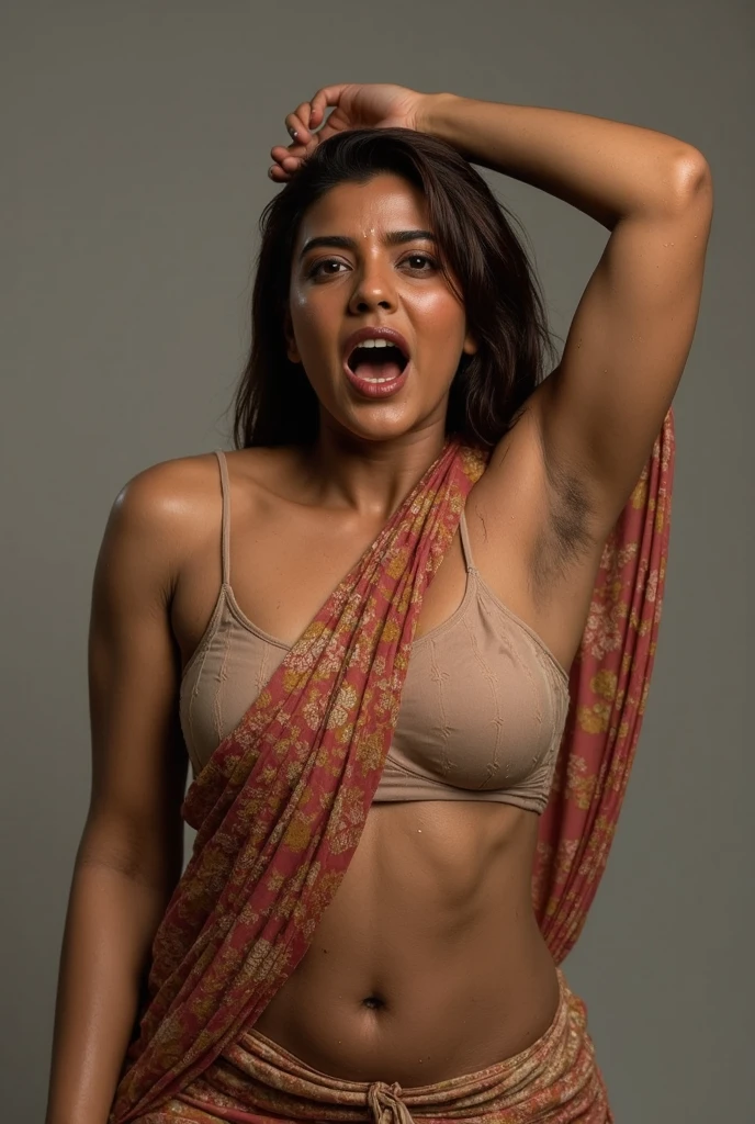 a beautiful naked Pakistani girl, sweaty, athletic body, and hairy armpits, being carried by two women