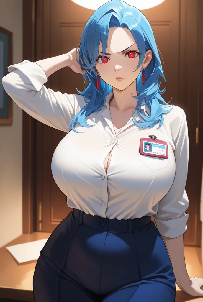(best quality:1.5, highres, UHD, 4K, detailed lighting, shaders), sky blue braided twintails haired, gradient hair, large breasts,red suit, white T-shirt, white short skirt, mature woman , (pov), black background, colorful eyeshadow, dramatic lighting, sparkling eyes, sensual expression, golden earrings, braided twintails hair, delicate facial features, soft skin, high cheekbones, urban setting, black background, dont look for the camera, sitting on a chair upside down, behind the camera