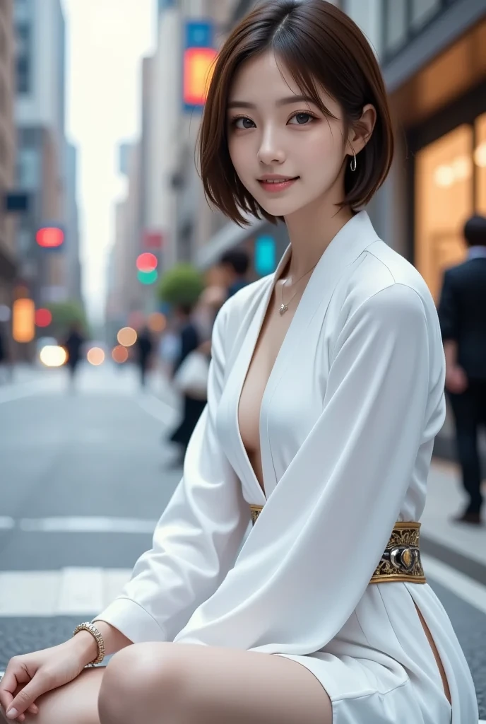 Smiling Minchen,

Absurd, mouth closed, eyes balanced,
(Best Quality Detail: 1.2), Realistic, 8K HD, Ultra Detailed, High Quality Texture, Complex Detail, Detailed Texture, Fine Detail, High Detail, Extremely Detailed CG, High Quality Shadow, Detailed Beautiful Delicate Face, Detailed Beautiful Delicate Eyes, Depth of Field, Ray Tracing, (A Beautiful 25 Year Old Cute Japanese Lady: 1), Small Tits, tall_female, (beautiful_legs:1.14), Glow Eyes, Blush, Perfect Petite Figure thin
outdoor background blur,
white
colorful
flared jeans,
black
vogue
glove
 Open coat: 1.1, [brown_skirt]:1, stockings and garter: 1.2, Bob cuts hair, cozy living room, sunshine, kneeling on sofa, earrings, necklace, model, looking at the audience, dynamic pose, earrings, necklace, model, looking at the audience, from the side, dynamic pose, front