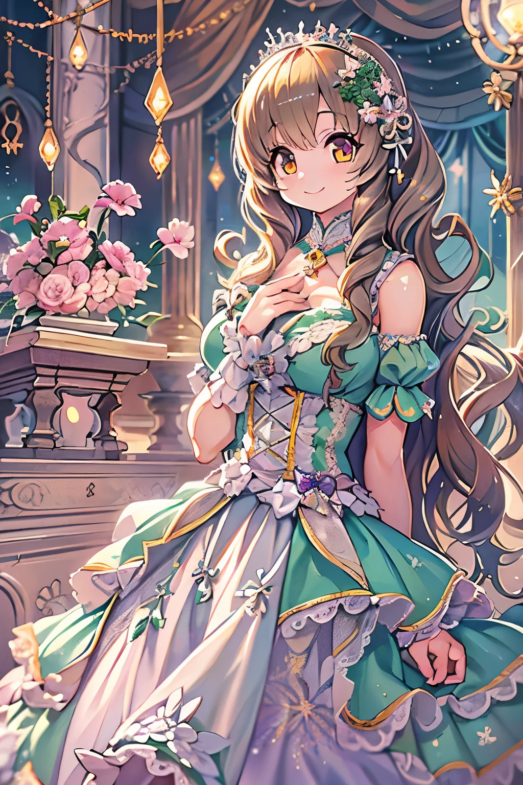 dramatic compositions, Dress in court style, royal, Gorgeous, Cascade frills, frilld, the bow, crystal chandeliers, Roman curly hairstyles, ponet, Double ponytail like a drill, Look at the camera, Bangs, maximalism, palace background, Delicate depiction of hair and eyes, Princess Dresses, Gorgeous skirts, Flowers in hand, Smiles, Starry eyes, Cinematic Light, Extreme Detail, High Definition, happy girl, Very long hair, Diamonds, Broken Diamond, Junction chips, light Particle,bbw