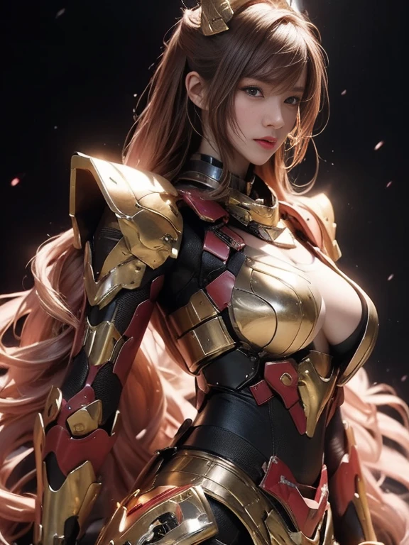 red translucent armor，Arm mecha，Short golden hair，Long ponytail hairstyle，Large Breasts，Cleavage，Pistol hanging from waist，fighter pilot，fighter hangar，sexly，Lipstick，Miss，Golden Eyes，stockings，Short skirt，action，In battle，Portable electromagnetic thunder cannon mounted on the back